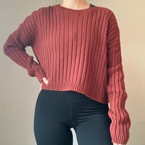 Ribbed Burnt Orange Knit Crewneck Cropped Sweater